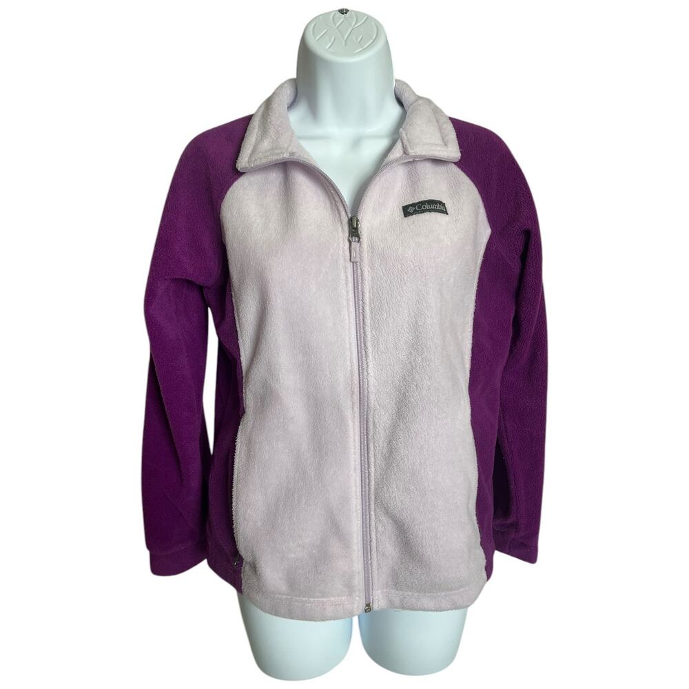 Columbia 2-tone purple fleece zip up sweater fold over collar Girls Large 14-16